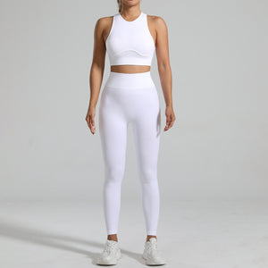 A woman figure, wearing a White Tight-Fitting Yoga Set wear, with the front side being displayed