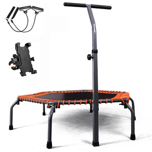 50 Inch Fold Fitness Trampoline with Adjustable Handrail, Elastic Rope and Mobile Phone Holder