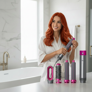 Woman styling her hair with the Five-in-One Hair Dryer Brush Set