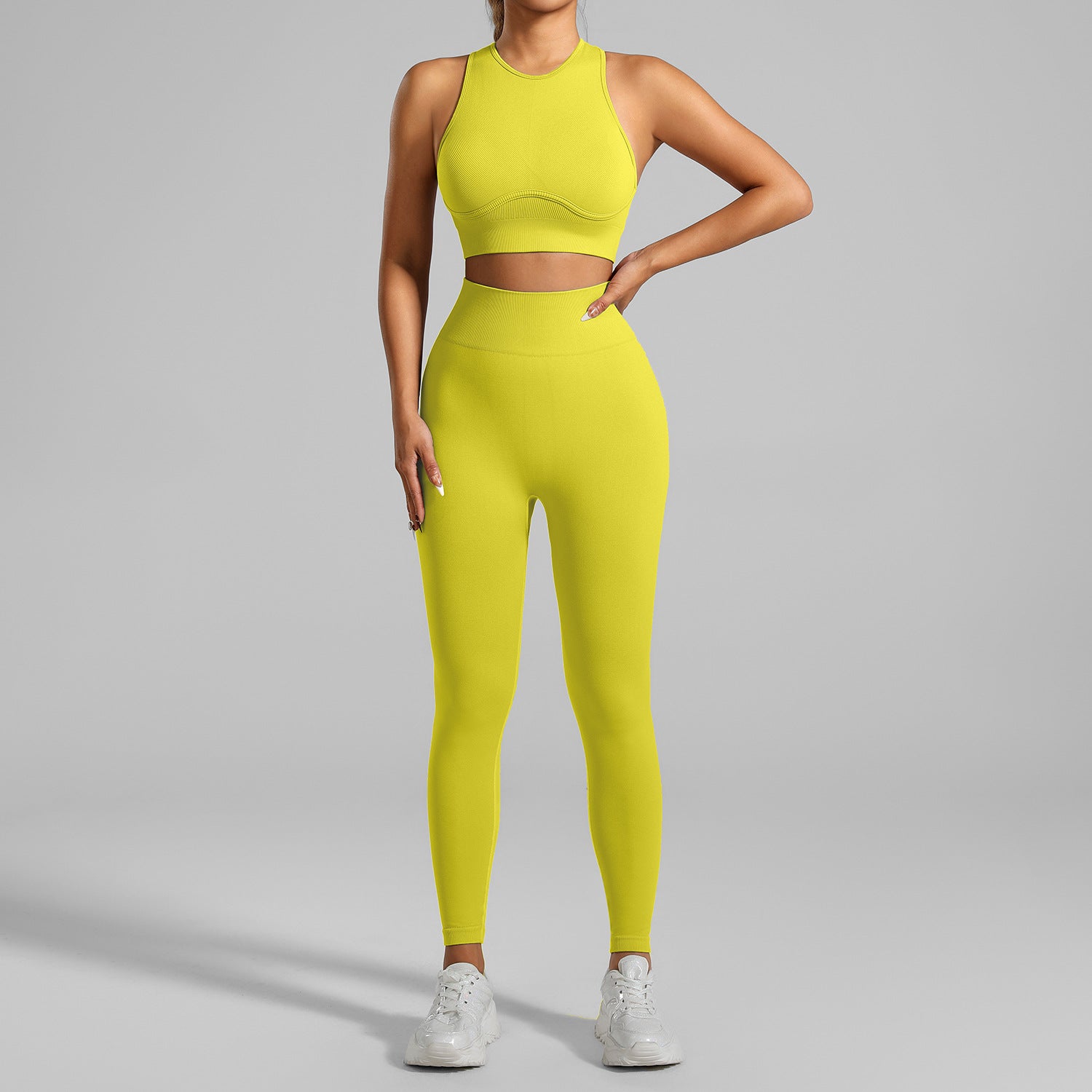 Woman in tight-fitting breathable yoga set doing a yoga stretch