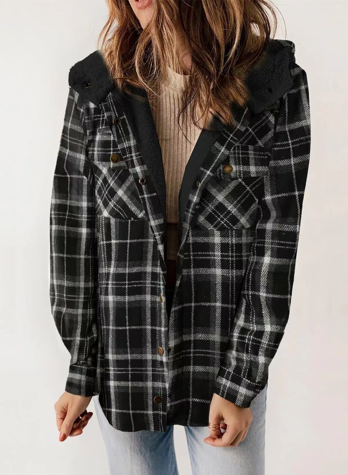 🐻Plush Check Print Hooded Coat